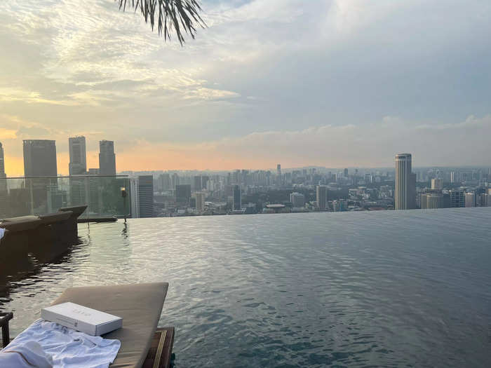 I was happy to find the water was warm and only about four feet deep. There were seats in the pool to relax, or guests could swim to the edge and overlook Singapore.