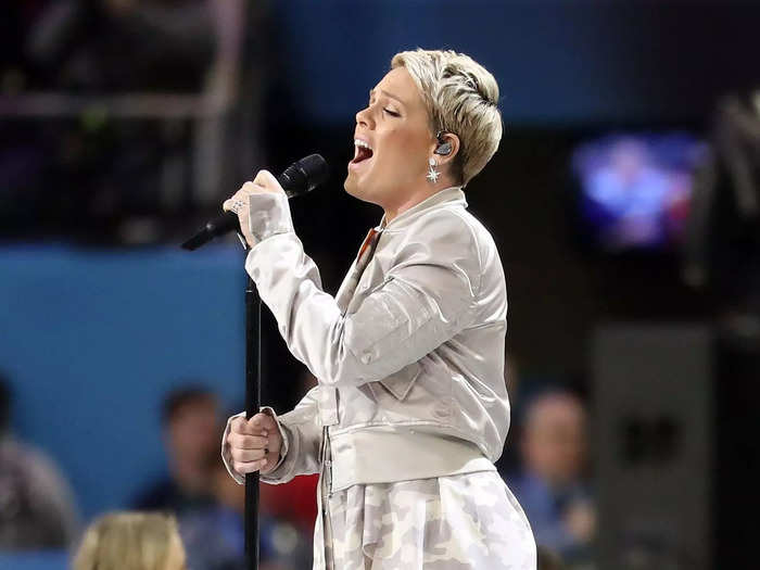 Pink sang the national anthem at the 2018 Super Bowl, when the Eagles defeated the Patriots.