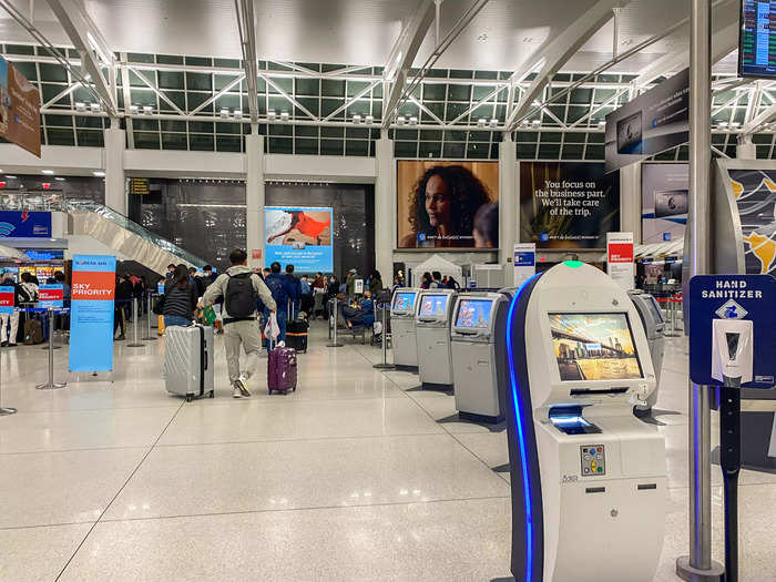 I arrived at JFK at 9:30 p.m. for my 12:30 a.m. flight. I could have checked in online for free, but I wanted to print my boarding pass at the airport.