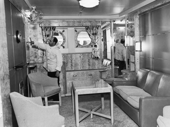 First class passengers on the Titanic had it all — Turkish baths, a Parisian café, dog kennels, heated swimming pools, smoking rooms, and tea gardens. They could expect sparkling rooms on arrival, like this one being cleaned on the Mauretania.