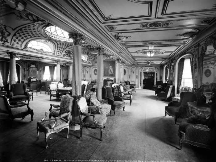 Guests could relax in salons, including this one known as the Louise XIV salon for first class members aboard the SS France.