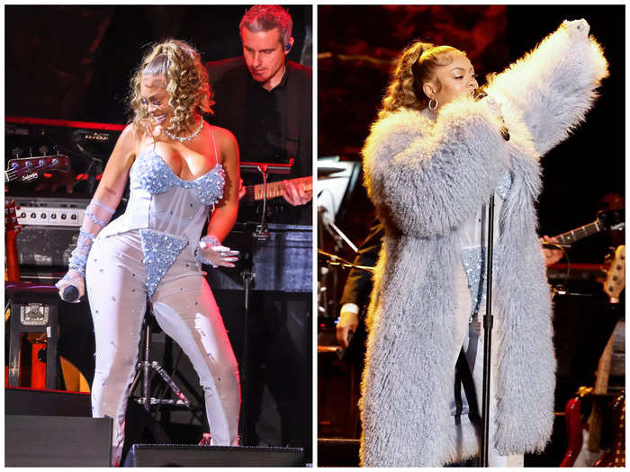 Latto performed at the event in a blue corsetted catsuit and oversized fur jacket.