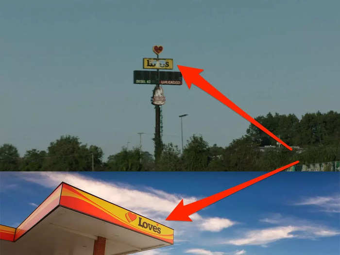 Ellie and Joel drive by an illegible, weathered sign for a convenience store on the highway.