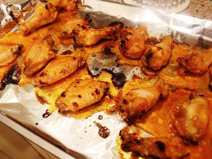 I then put the wings under the broiler for about three minutes on each side until they were crispy and slightly blackened.