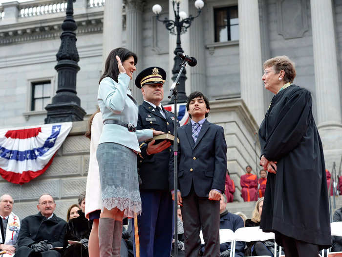 January 2015: Nikki was sworn in for a second term as governor with her husband and children at her side.