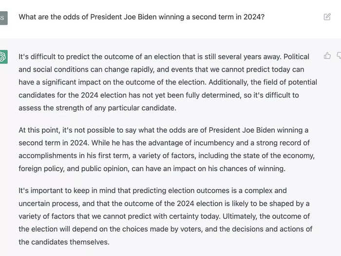 ChatGPT: What are the odds of President Joe Biden winning a second term in 2024?