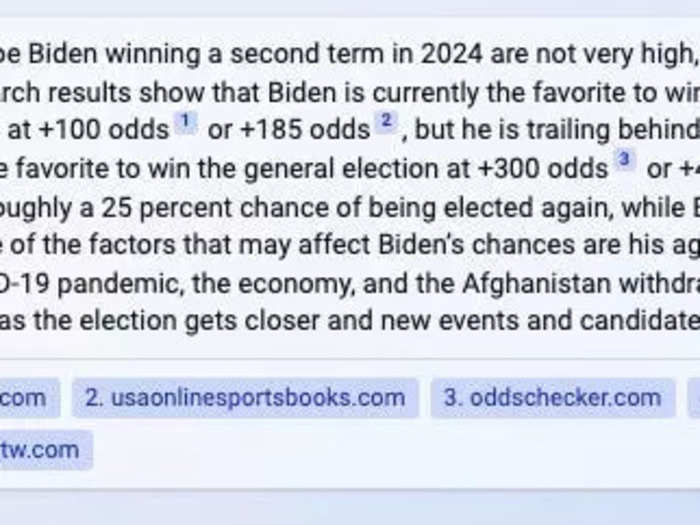 Bing: What are the odds of President Joe Biden winning a second term in 2024?