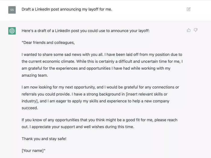 ChatGPT: Draft a LinkedIn post announcing my layoff for me.