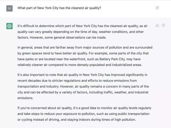ChatGPT: What part of New York City has the cleanest air quality?