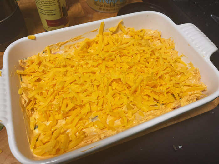 I then topped the dip with the remaining cup of cheddar cheese.