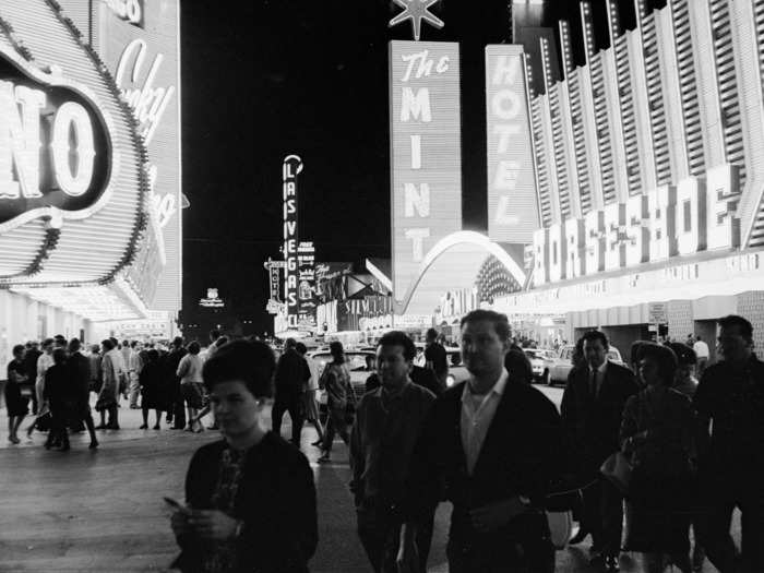 The neon lights and signs kept getting bigger. Here, the strip is brightly lit down the Las Vegas strip in 1964.