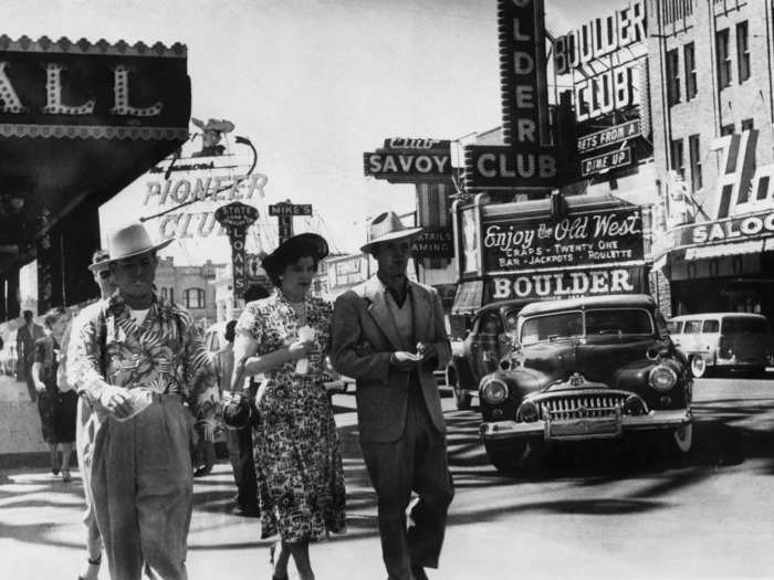 Las Vegas became a popular tourist destination in the 1950s. Here the strip appears teeming in 1953.