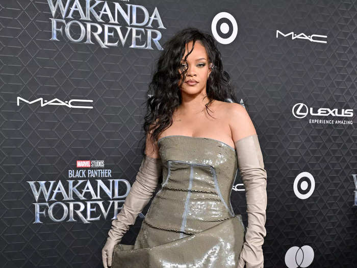 Rihanna wore a sparkly denim dress at the premiere of "Black Panther: Wakanda Forever" in October 2022.