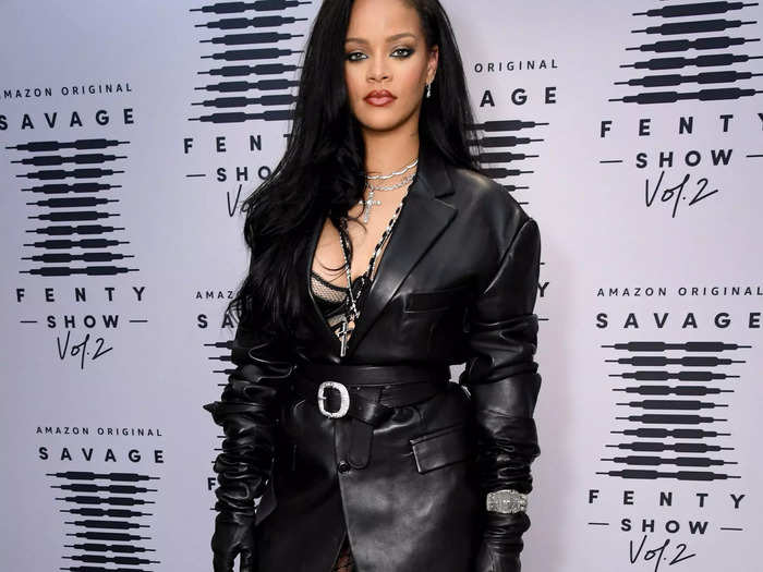 Rihanna wore an all-black ensemble to a press event for the Savage X Fenty Show Vol. 2 in October 2020.