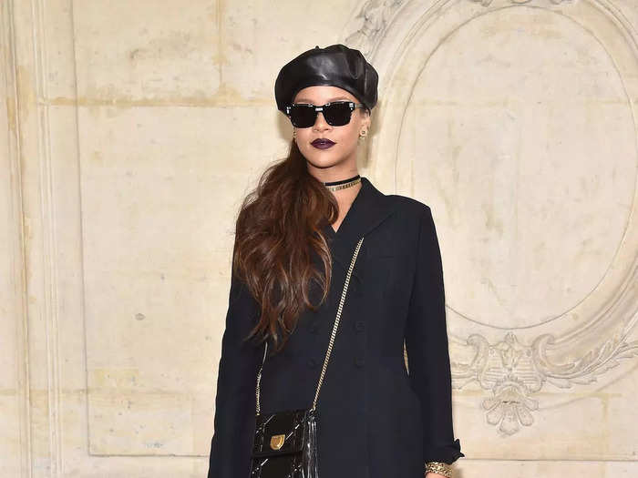 Rihanna wore a dark-navy wool coat by Dior while attending the brand