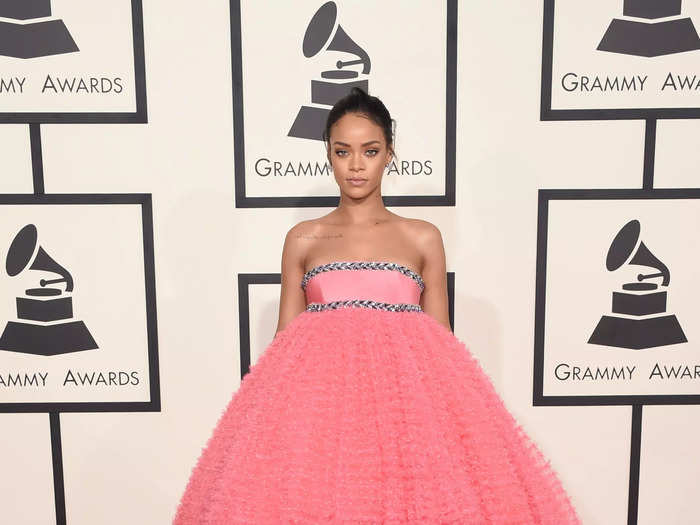 She made a statement in a pink Giambattista Valli gown at the Grammy Awards in February 2015.