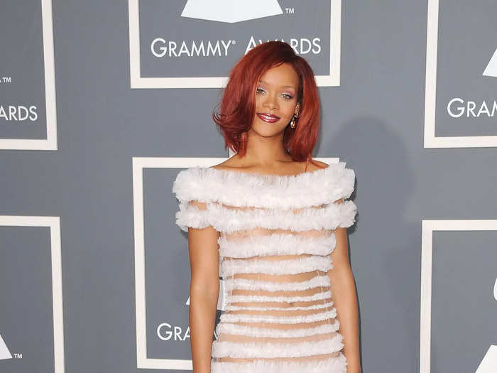 She stunned at the Grammys in this striped gown by Jean Paul Gaultier in February 2011.