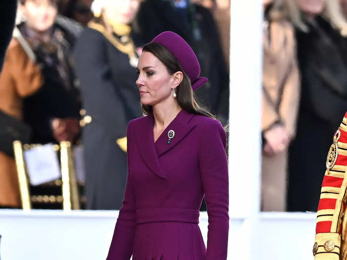 Later that month, she switched to a rich plum tone for the Horse Guards Parade.