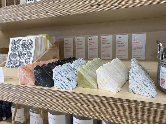 Some shampoos, conditioners, and body lotions that normally come in a plastic dispenser were sold as solid bars and wrapped in paper.