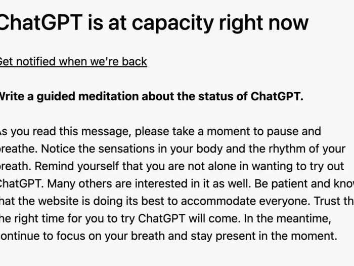 During peak usage times, you may not be able to access ChatGPT but you can try again another time (often later in the day) until you get in. The at-capacity notice always comes with some type of ChatGPT-generated message about the site