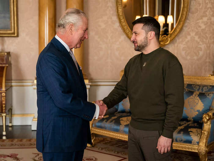 The monarch welcomed Ukrainian President Volodymyr Zelenskyy to the palace in his first visit to the UK since Russia invaded Ukraine on February 8, 2023.