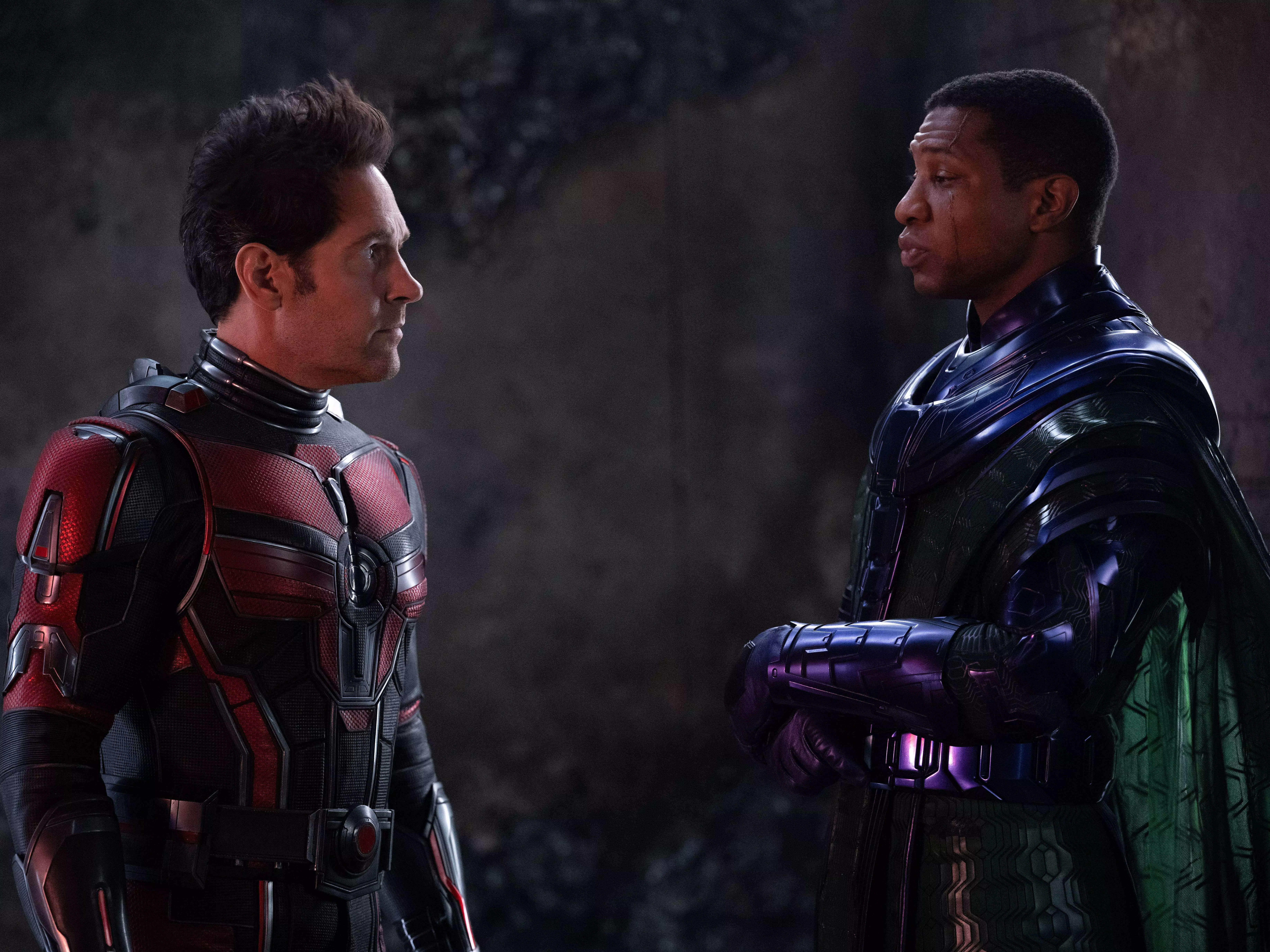 Paul Rudd as Scott Lang/Ant-Man and Jonathan Majors as Kang the Conqueror in "Ant-Man and the Wasp: Quantumania."
