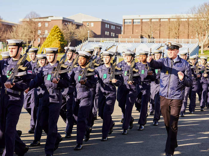 The aim is to instill discipline and stop recruits fidgeting so they can mentally respond even when physically fatigued, warrant officer Paul Todd, who is in charge of physical training policy at HMS Raleigh, tells me.