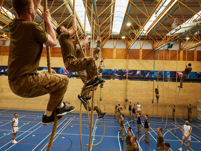 The recruits also do two 500-meter sprints, circuits, and rope climbs, and as it drags on many of their faces turn from determined to exhausted.