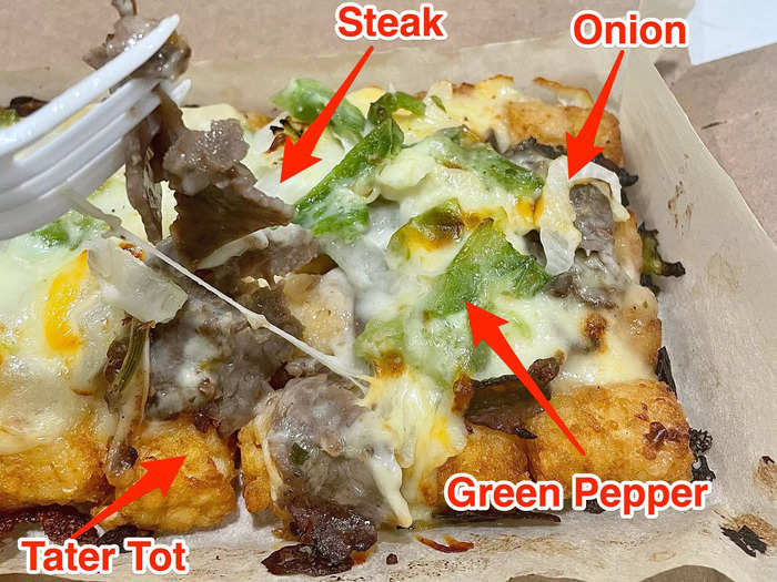 The loaded tots were topped with steak, onions, green peppers, a light sauce, and, of course, cheese.