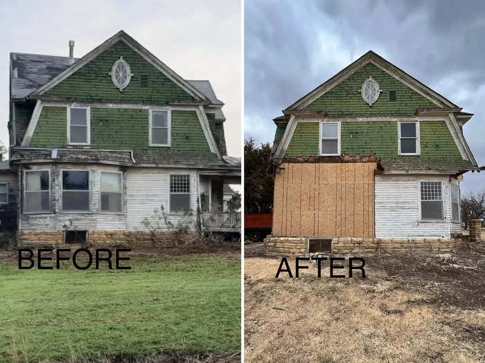 Flores is reframing the house and rebuilding exterior details.