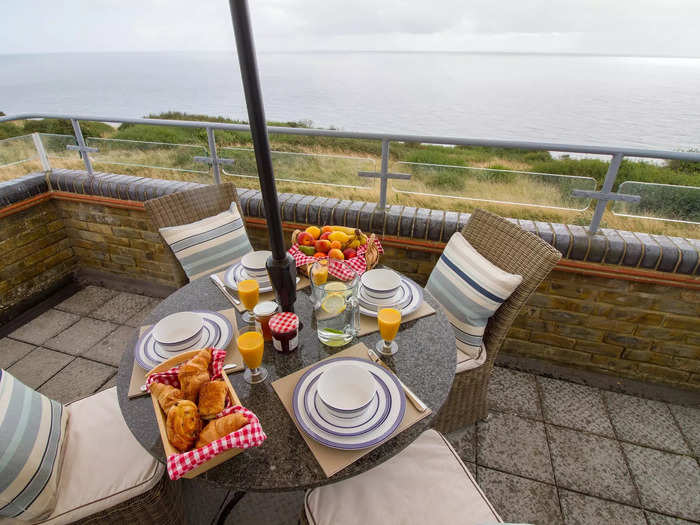 The cafe and restaurant has panoramic views of the Channel as well as a wood-burning stove.