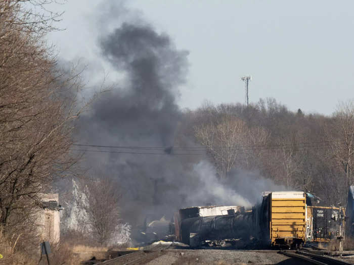 In East Palestine, five of the tankers were carrying liquid vinyl chloride, a toxic flammable gas, which is used to make PCV, a hard resin used to make plastic products.