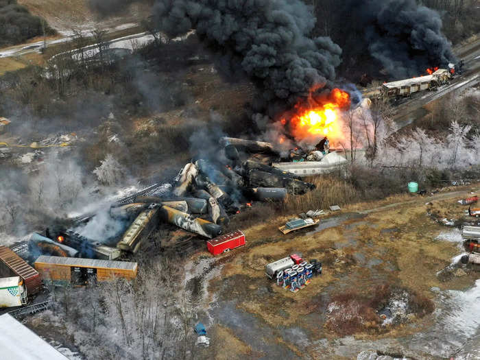 In real life, a Norfolk Southern train, which had 20 tankers filled with different types of potent chemicals, slid off the train tracks and caught fire.