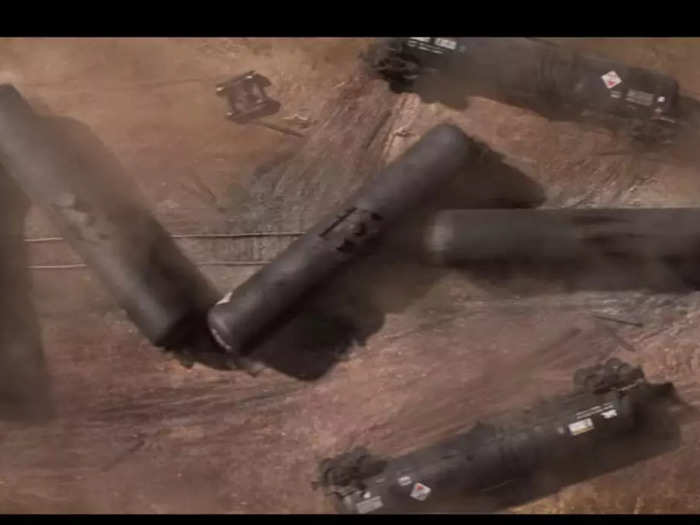 In the film, the toxic cloud was caused when a tanker truck carrying toxic materials crashed into a train, derailing it.