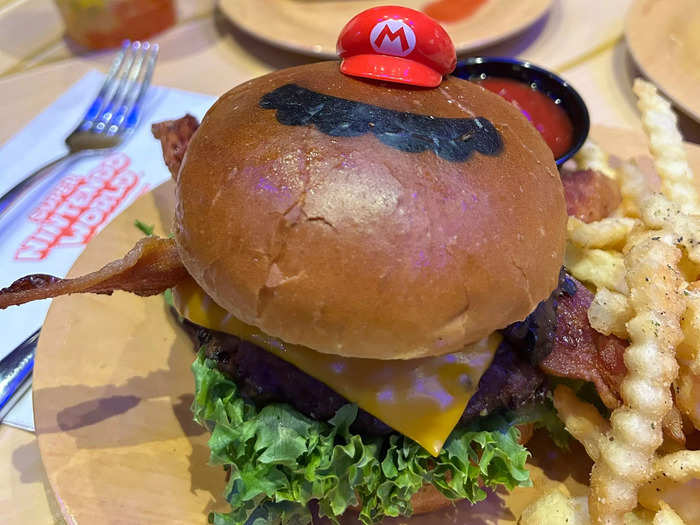 The burgers were adorably adorned with mini Mario and Luigi hats.