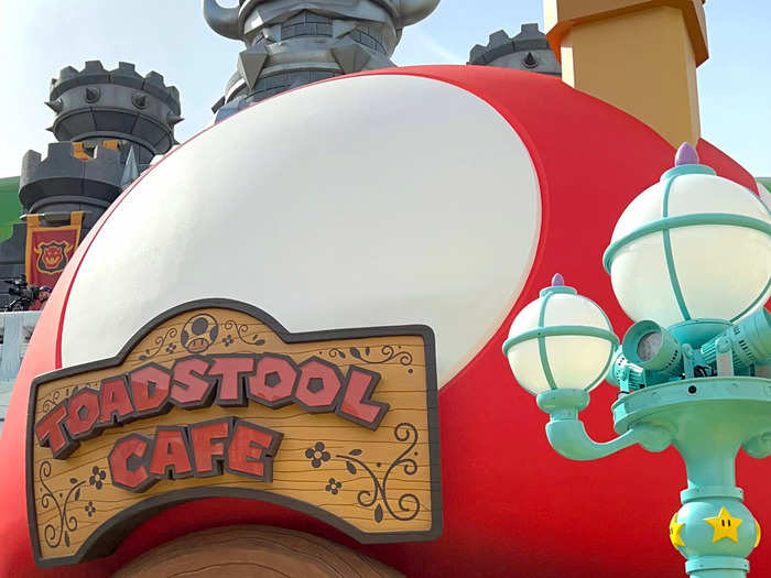 To enter Toadstool Cafe we walked through a giant Power-Up Mushroom.