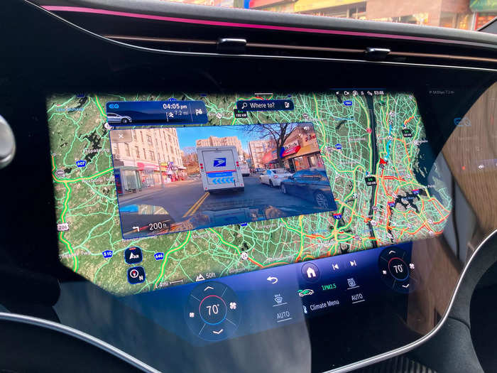 The Benz’s navigation system includes an augmented-reality feature that uses blue arrows to show you where your next turn is.