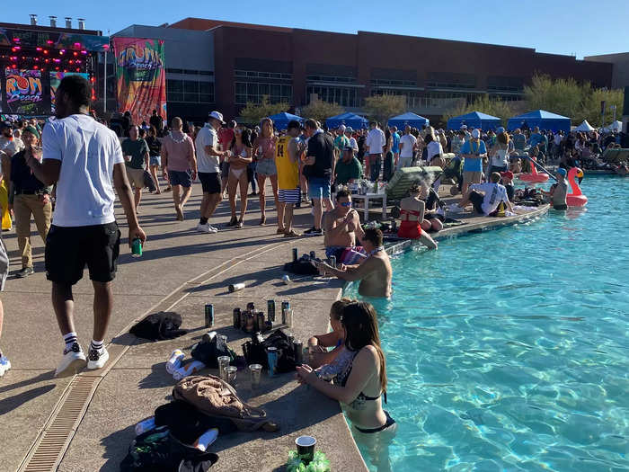 While it was a bit chilly to use the pool, fans that jumped in made the most of it.