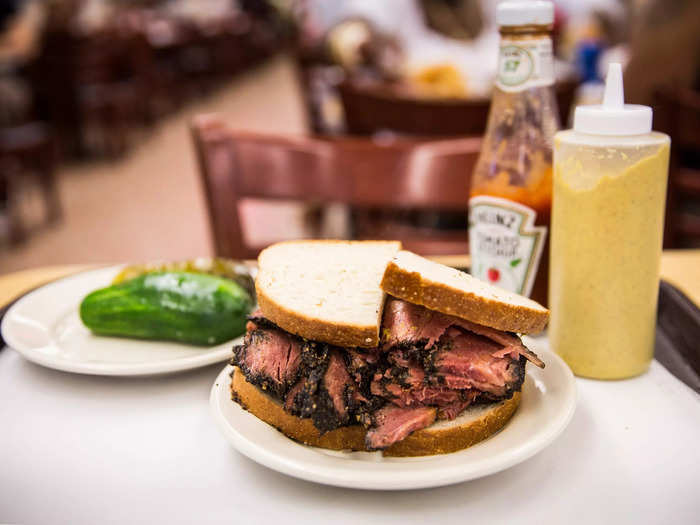 A pastrami sandwich with a pickle on the side is a combination from Katz