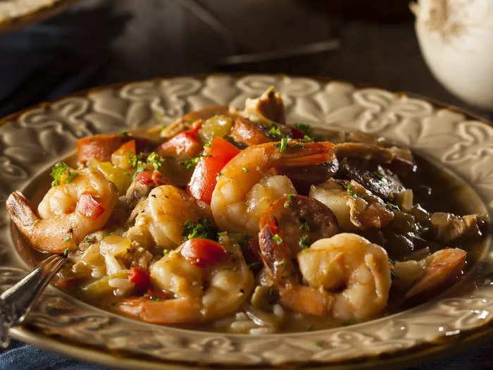 A major New Orleans staple is shrimp gumbo, a flavorful, thick seafood stew served over a bed of fluffy rice.