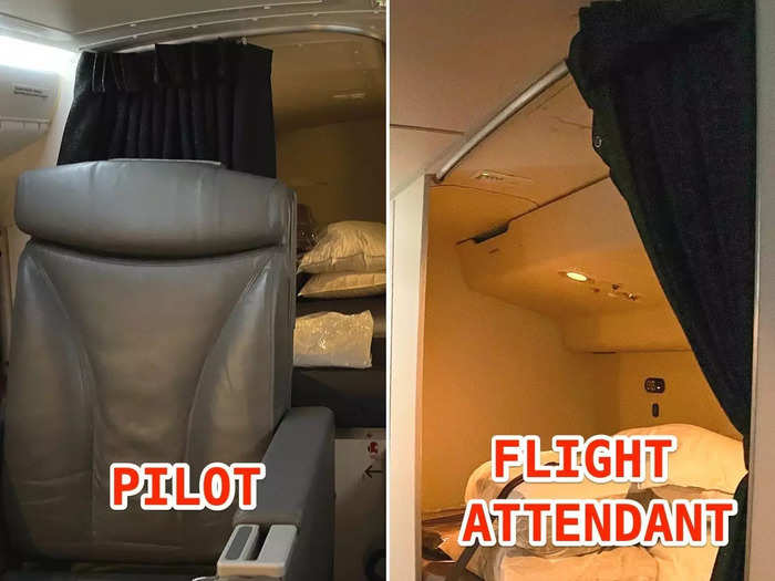 Both flight attendants and pilots had privacy curtains and bedding for their beds.