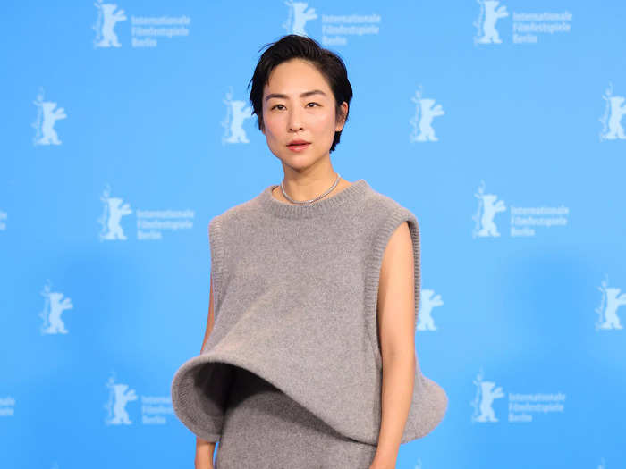 Greta Lee looked chic in a gray set.