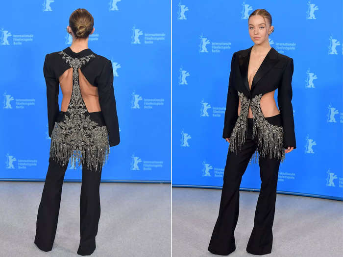 Sydney Sweeney showed the daring side of her style with a suit jacket covered in cutouts.