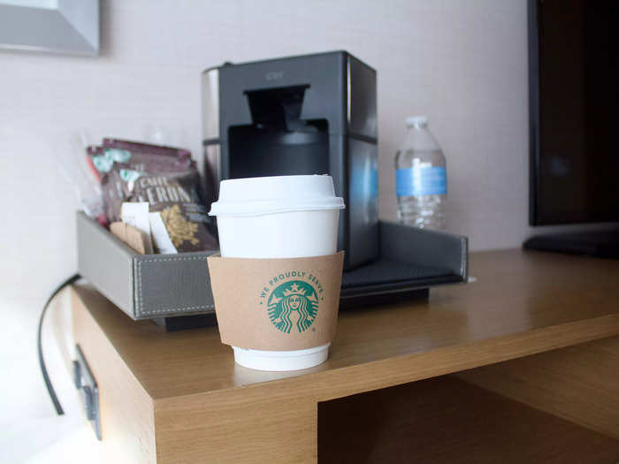 I made coffee using the in-room coffee maker, which came with Starbucks-branded pods.