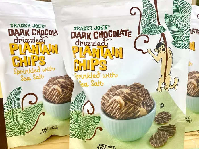 I pick up dark-chocolate-drizzled plantain chips sprinkled with sea salt for a sweet and salty snack.