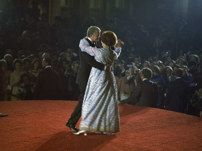 Jimmy and Rosalynn Carter danced to a live band at the Inaugural Ball in 1977.