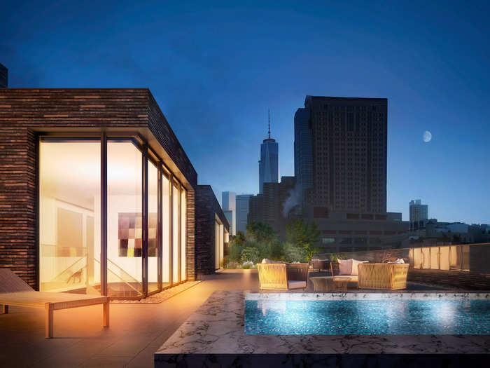 The penthouse is 8,900 square feet and has a 3,400 square-foot outdoor space with a plunge pool. It has six bedrooms, six bathrooms, two powder rooms, and two of the building