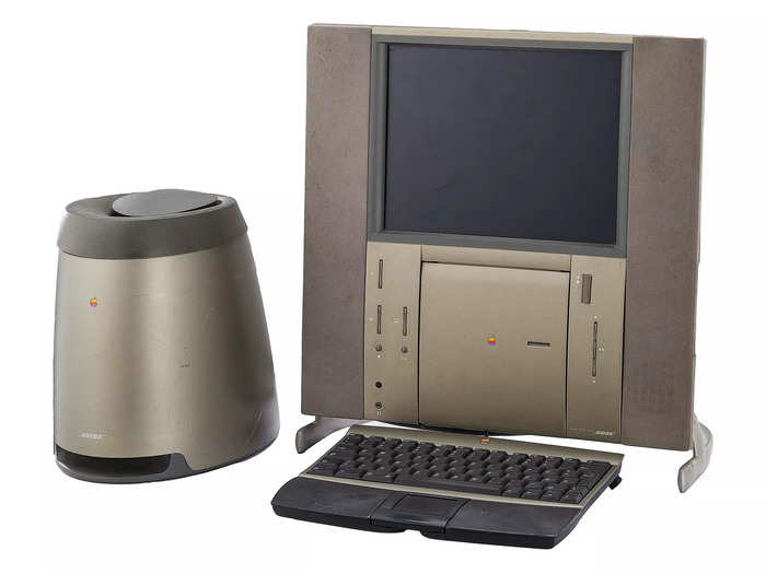 The 1997 Twentieth Anniversary Macintosh is pictured here with a head unit, base unit, and keyboard. It was released to celebrate the 25th anniversary of the formation of Apple Computer.