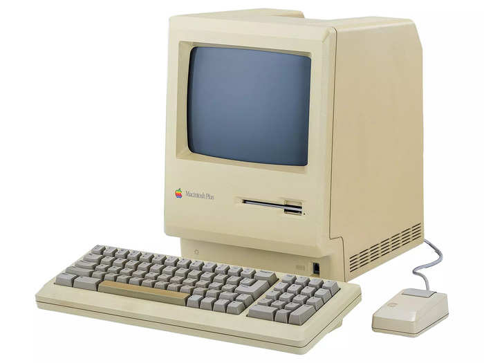 The 1986 Apple Macintosh Plus computer debuted on January 16, 1986, and was the third model released in the Macintosh series. It is pictured here with a keyboard and mouse. This computer held the record for the longest-produced Macintosh model at 1,734 days. The second-generation Mac Pro broke its record in 2018. It is estimated to auction for $300 to $500.