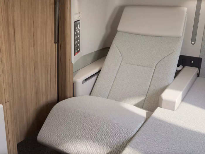 Meanwhile, first class has even more luxuries. Configured with six suites in a 1x1x1 layout, travelers get an enclosed pod with a reclining lounger…